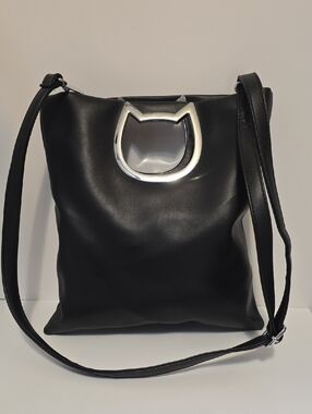 Cat Lady Black Crossbody Bag with Silver Cat-Shape Accent